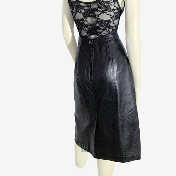 Vintage Black Leather Midi Skirt / 26 inch waist / size Small - Picture 5 of 7